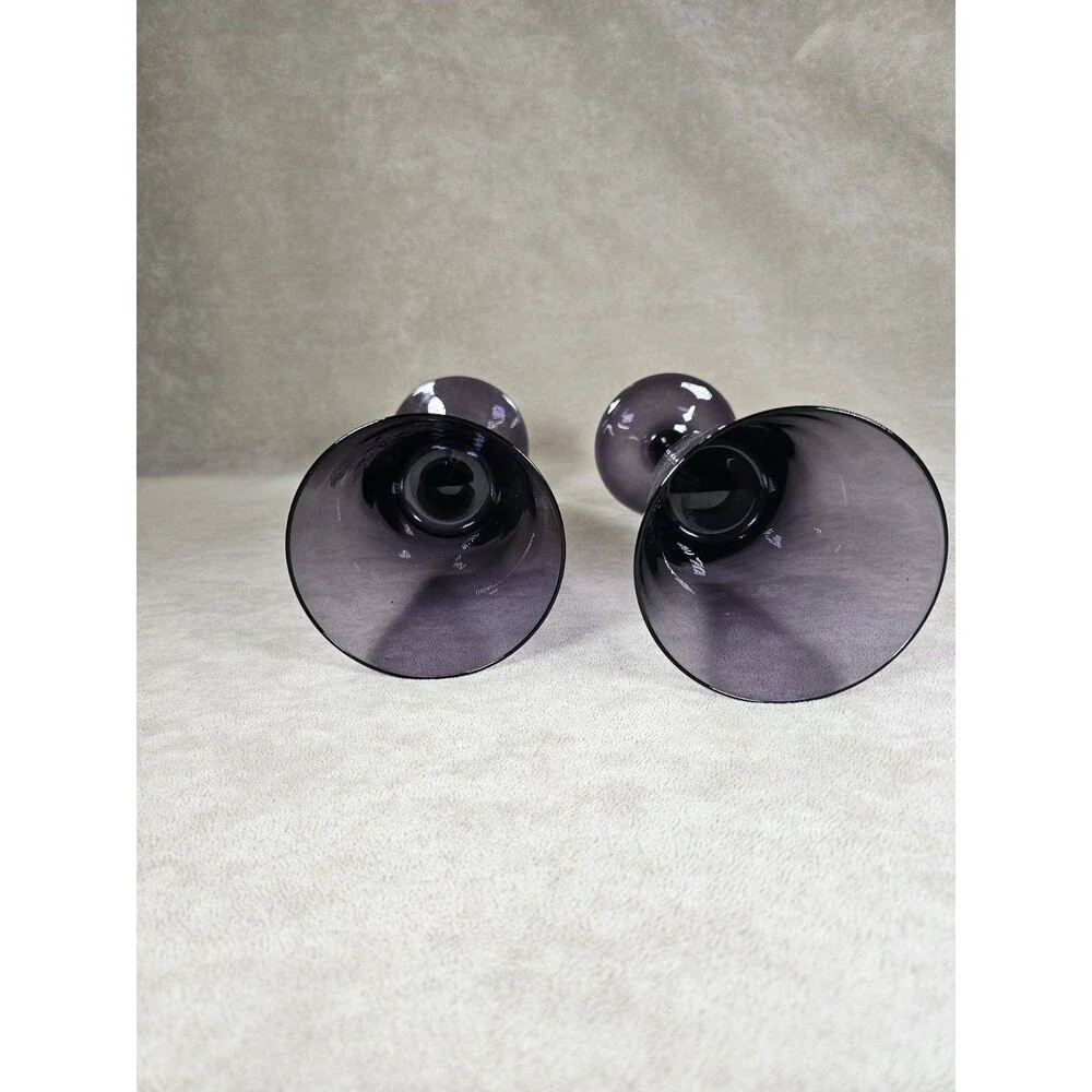 Dark Purple Amethyst Glass Water Goblets Etched Floral and Birds Set of 2